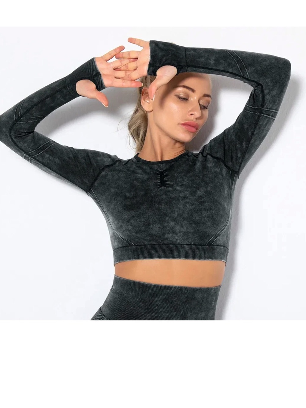 Seamless Long-Sleeve Crop Top Pullover Crew Neck Gray Black